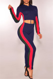 Blue Casual Sportswear Patchwork Basic Hooded Collar Long Sleeve Two Pieces