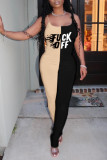 Yellow Red Fashion Sexy Letter Print Patchwork Backless Fold O Neck Skinny Jumpsuits