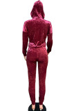 Wine Red Fashion British Style Adult Pleuche Solid Hooded Collar Long Sleeve Cap Sleeve Regular Two Pieces