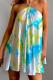 Cyan Sexy Print Patchwork Halter Cake Skirt Dresses