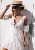White Brief Cute V-Neck Short Sleeve Loose skirt Club Dresses