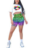 Fluorescent green Fashion Street Leopard Print Two Piece Suits Straight Short Sleeve Two Pieces