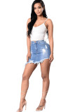 Blue Denim Zipper Fly Button Fly High Hole washing Asymmetrical Pocket Zippered A-line skirt Skirts