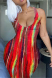 Red Fashion Sexy Print Tie Dye Slit U Neck Vest Dress