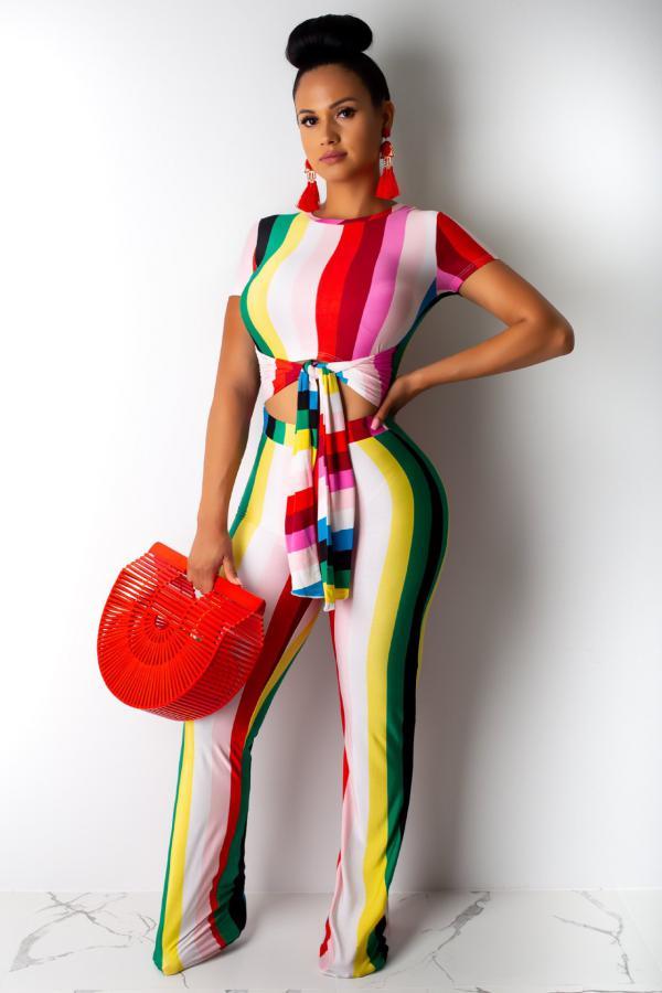 Red Casual Fashion Striped bandage Print Hollow Short Sleeve Jumpsuits