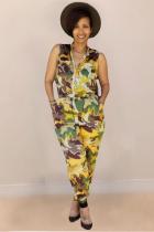 Camouflage Fashion Casual Camouflage zipper bandage Sleeveless Turndown Collar Jumpsuits