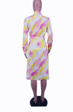 Red Casual Print Patchwork Turndown Collar Shirt Dress Dresses