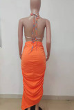 Tangerine Sexy Print Patchwork Frenulum Asymmetrical Halter Sleeveless Two Pieces