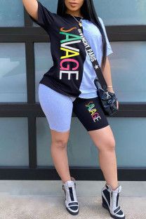 Blue Fashion Europe and America Patchwork Print Two Piece Suits pencil Short Sleeve Two Pieces
