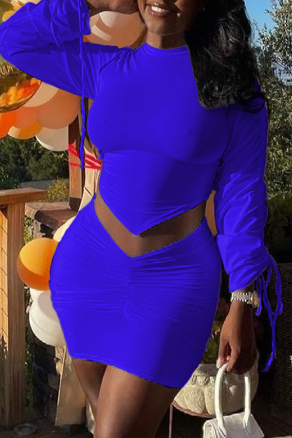 Blue Sexy Solid Patchwork Half A Turtleneck Long Sleeve Two Pieces