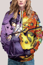 purple Fashion Street Adult Print Patchwork Draw String Pullovers Hooded Collar Outerwear