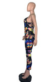 Black Fashion street Print Patchwork Hollow Sleeveless Slip Jumpsuits