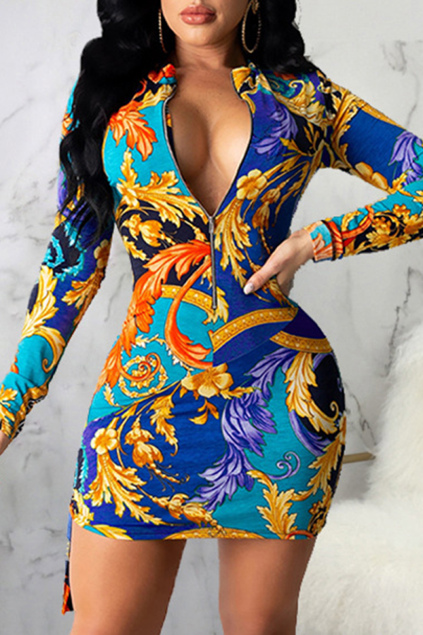 Blue Sexy Print Patchwork Turndown Collar Pencil Skirt Dresses