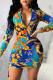 Blue Sexy Print Patchwork Turndown Collar Pencil Skirt Dresses