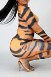 Tiger Pattern Sexy Animal Print Patchwork Zipper Collar Pencil Skirt Dresses
