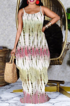 Yellow Sexy Print Patchwork Spaghetti Strap Straight Dresses