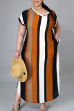 Yellow Brown Casual Striped Patchwork High Opening V Neck Short Sleeve Dress Plus Size Dresses
