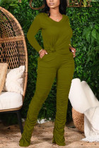 Green Fashion Casual Adult Solid Fold V Neck Long Sleeve Regular Sleeve Two Pieces