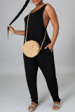 Black Fashion Casual Solid Basic O Neck Loose Jumpsuits