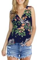 Green V Neck Sleeveless asymmetrical Print Button Floral Sweaters & Cardigans