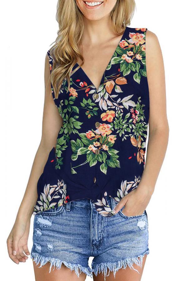 Green V Neck Sleeveless asymmetrical Print Button Floral Sweaters & Cardigans