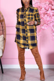 Yellow Fashion Casual Plaid Print Basic Turndown Collar Shirt Dress