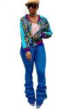Navy Blue V Neck Slim fit Print Zippered Patchwork Print Long Sleeve Blazer & Suits &Jacket