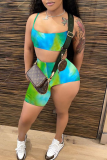 Blue Sexy Print Patchwork Spaghetti Strap Sleeveless Two Pieces