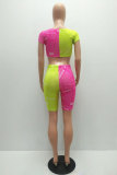 Fluorescent green Fashion adult Street Letter Patchwork Print Bandage Two Piece Suits HOLLOWED OUT pencil Short Sleeve Two Pieces