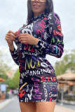 Dark Blue Casual Print O Neck Wrapped Skirt Dresses