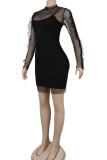 Black Network Sexy Patchwork Solid Hip skirt Long Sleeve Two-Piece Dress
