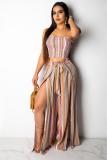 Pink Fashion Sexy Two Piece Suits Split Striped crop top Bandage Geometric Loose Two-piece Pan