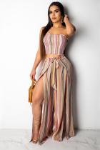 Pink Fashion Sexy Two Piece Suits Split Striped crop top Bandage Geometric Loose Two-piece Pan