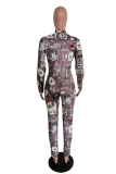 Khaki Sexy Print Patchwork Zipper Collar Skinny Jumpsuits