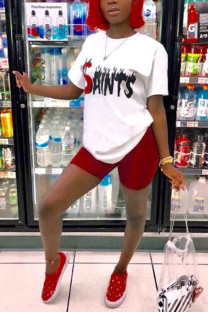 White Casual Letter Print Solid Straight Short Sleeve Two Pieces