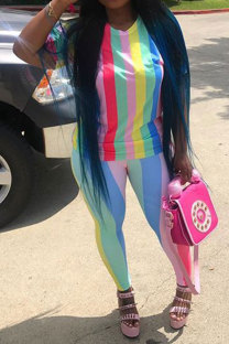 Multi-color Fashion Casual adult Striped Patchwork Print contrast color Two Piece Suits pencil Short Sleeve Two Pieces