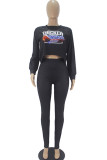 Black Fashion Casual Adult Print Pullovers O Neck Tops