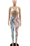 Colour Sexy Print Patchwork Frenulum Backless Swimwears