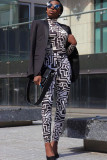 Black Sexy Two Piece Suits Patchwork Striped pencil Long Sleeve Two-piece Pants Set