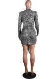 Black Fashion adult Sexy Cap Sleeve Long Sleeves V Neck cake dress Mini Leopard Print chain