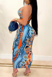 Blue Red Sexy Print Bandage Patchwork Frenulum Fold Halter Sleeveless Two Pieces