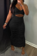 Black Sexy Solid Hollowed Out V Neck Pencil Skirt Dresses