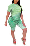 Powder blue Fashion Casual adult Patchwork Print Tie Dye Gradient Two Piece Suits pencil Short Sleeve Two Pieces