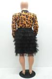 Camouflage O Neck Lips Print Patchwork Camouflage Mesh Leopard Zippered Patchwork Long Sleeve 