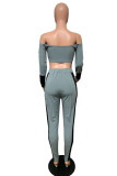 Grey Sexy England Patchwork Solid Straight Long Sleeve Two Pieces