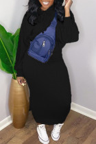 Black Casual Solid Patchwork Hooded Collar Long Sleeve Two Pieces