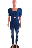 The cowboy blue Casual Solid Ripped Hollowed Out Patchwork Pocket Square Collar Skinny Jumpsuits