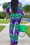 Multicolor Sexy Print Patchwork Turndown Collar Long Sleeve Two Pieces