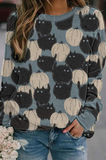 Blue Fashion Casual Adult Print Pullovers O Neck Tops