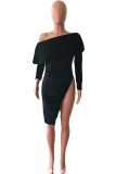 Red Street Off The Shoulder Long Sleeves One word collar Asymmetrical Knee-Length Solid asymme